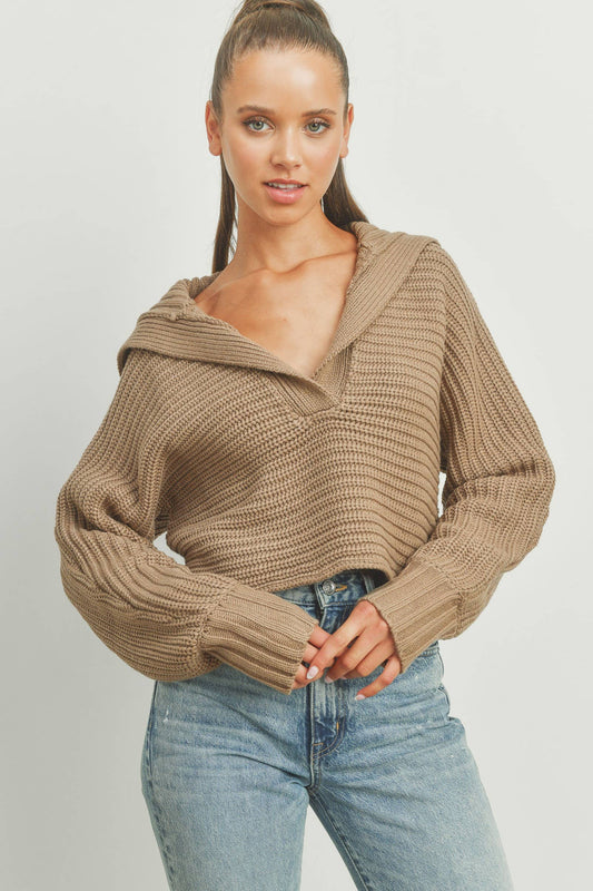 Drama Collar V-Neck Sweater (Taupe)