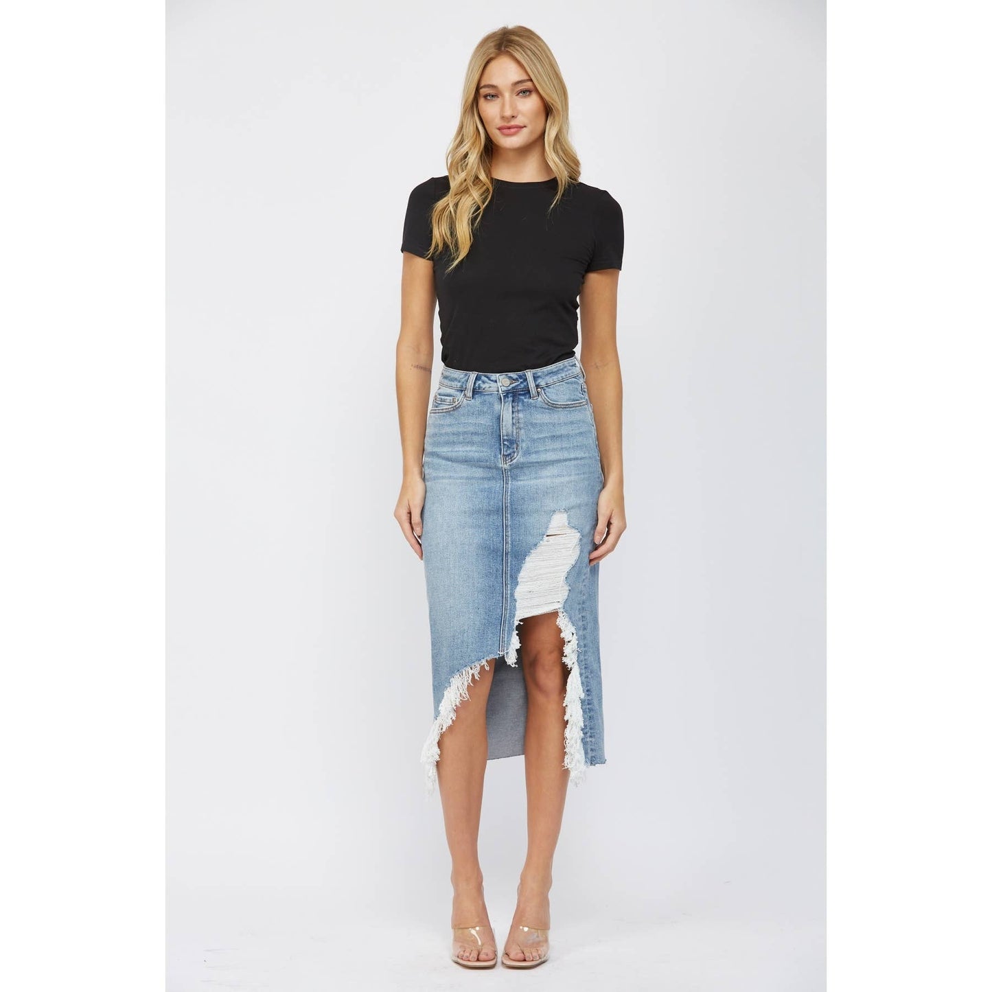 High Waisted Denim Midi Skirt