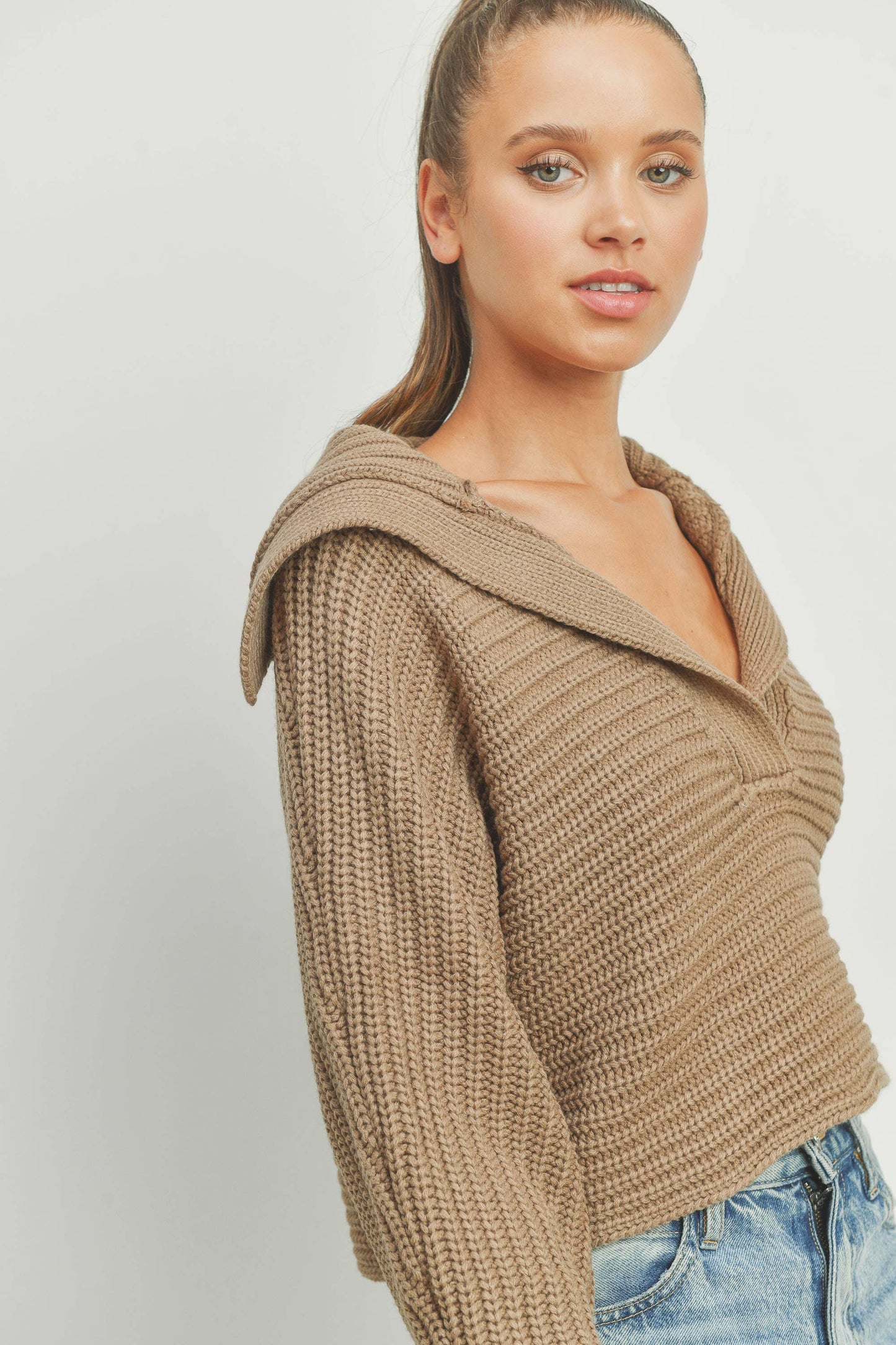 Drama Collar V-Neck Sweater (Taupe)