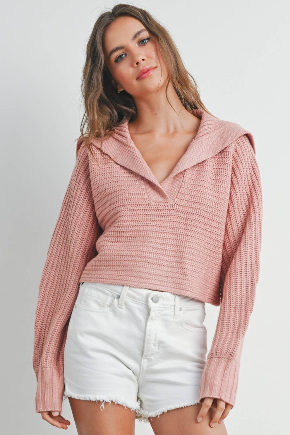 Drama Collar V-Neck Sweater (Mauve)