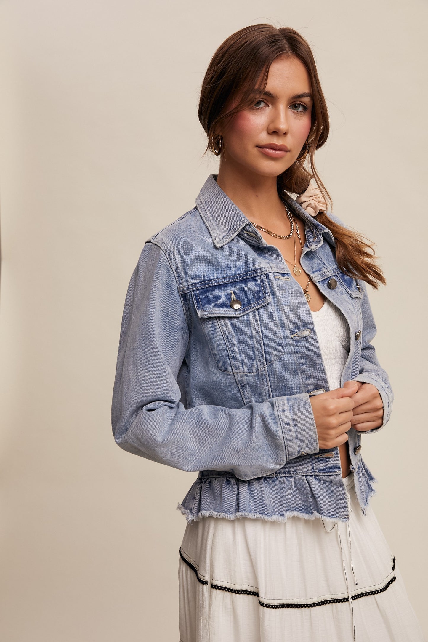 Ruffle Hem Denim Jacket