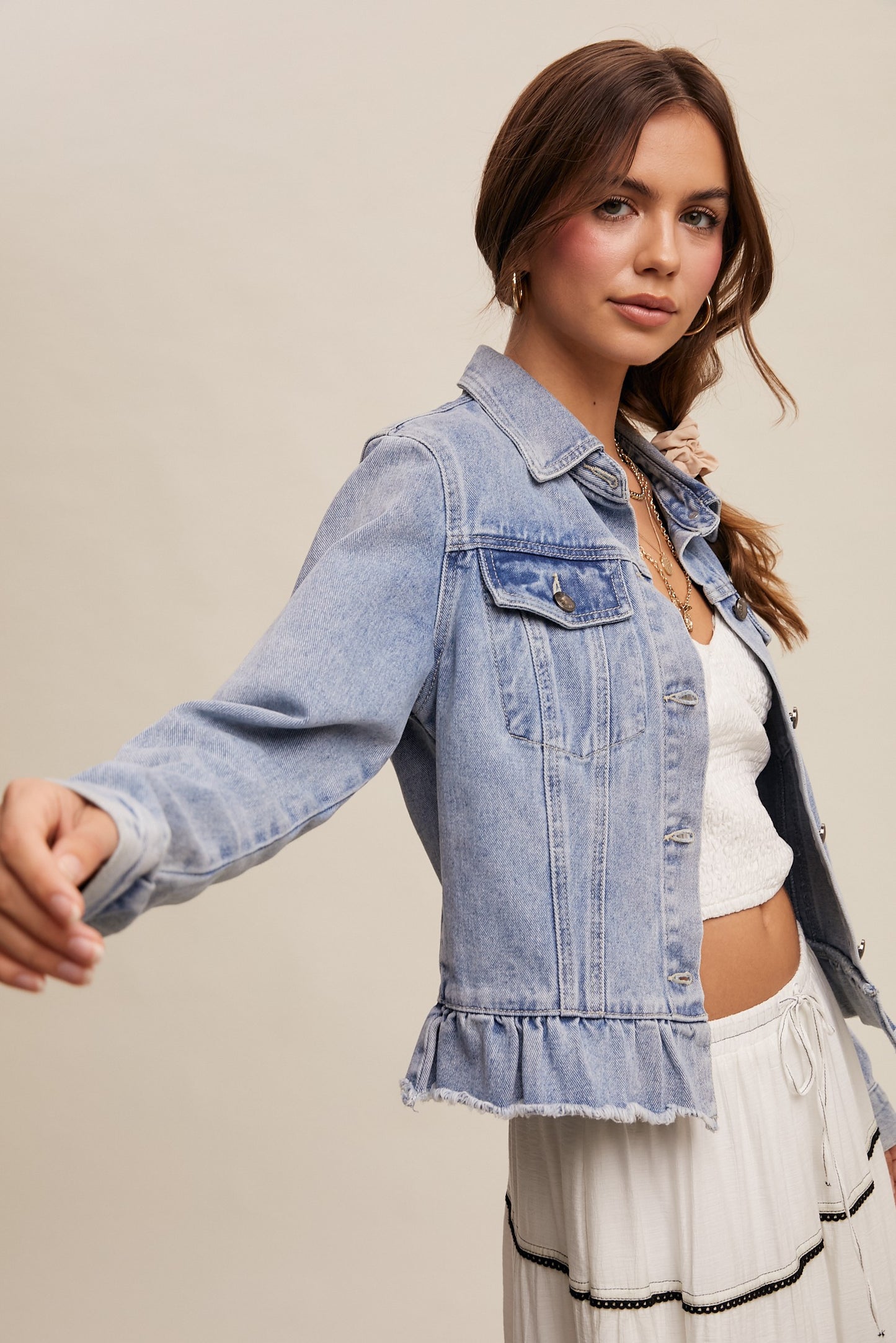 Ruffle Hem Denim Jacket