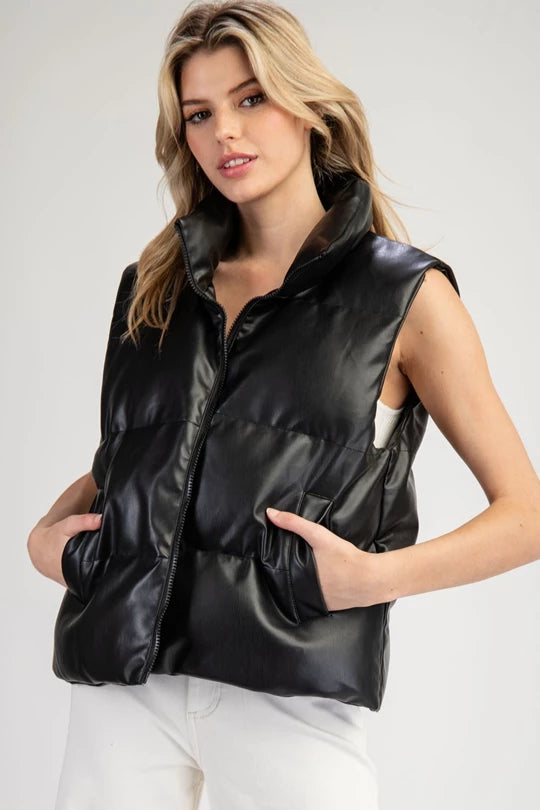 Faux Leather Puffer Vest