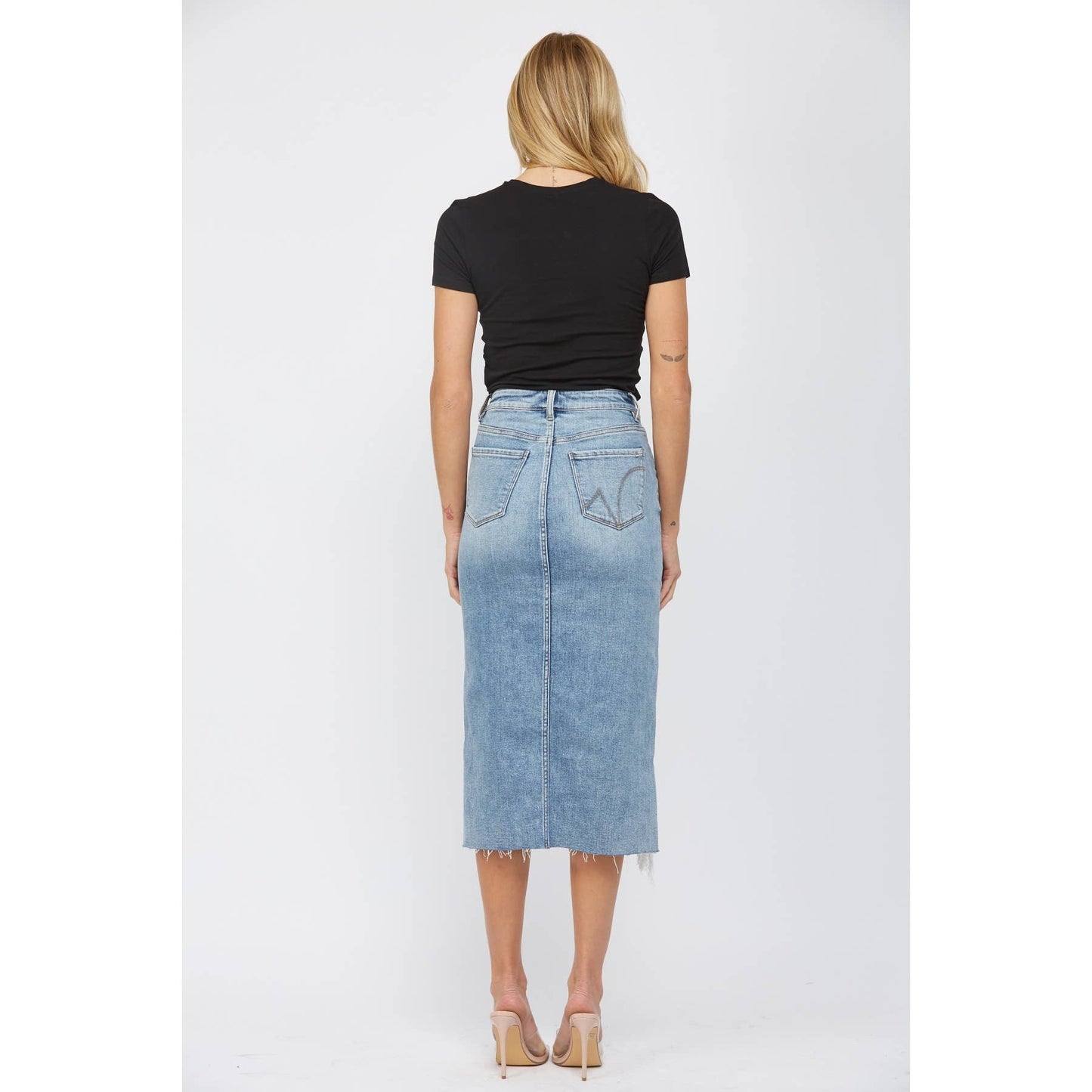 High Waisted Denim Midi Skirt