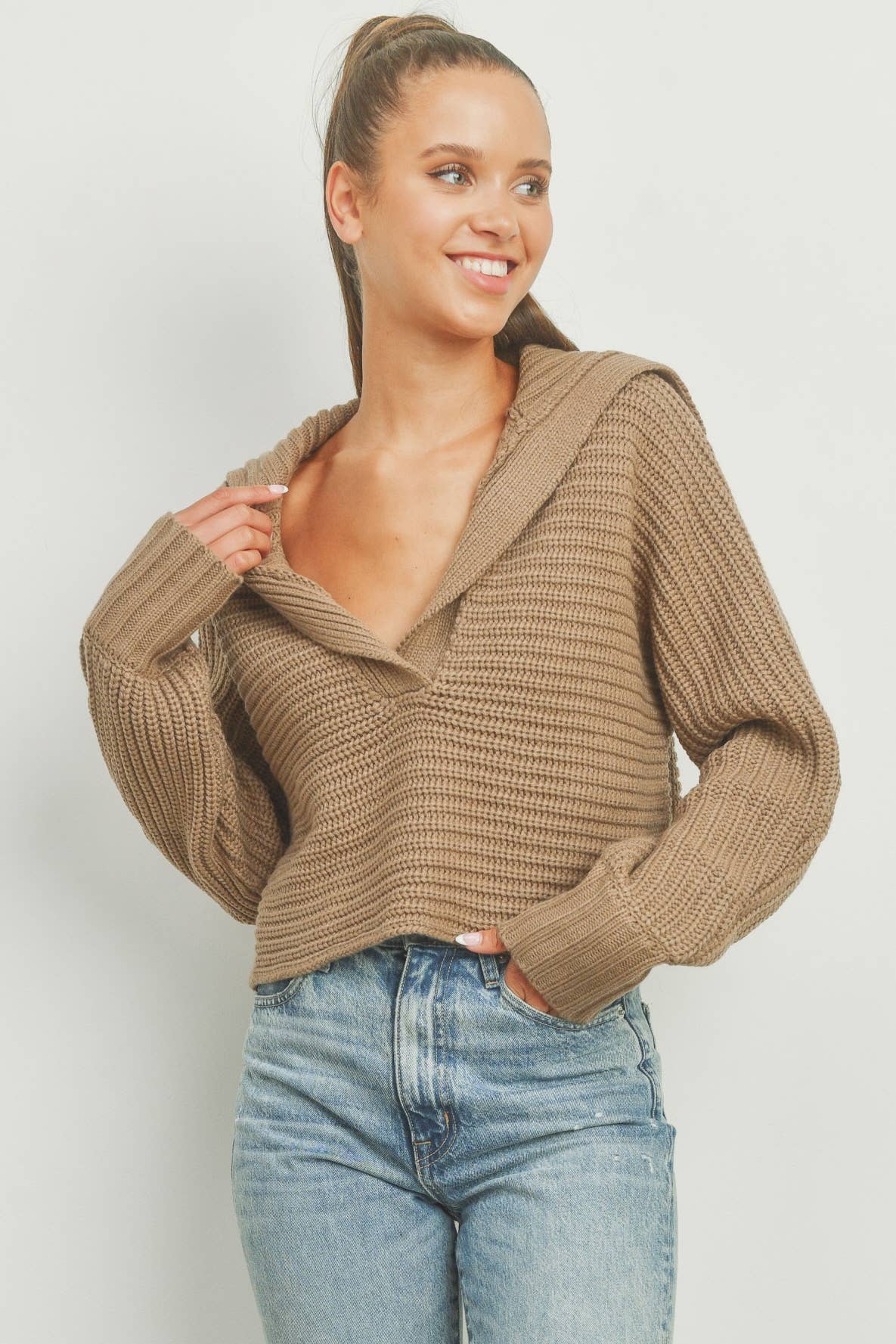 Drama Collar V-Neck Sweater (Taupe)