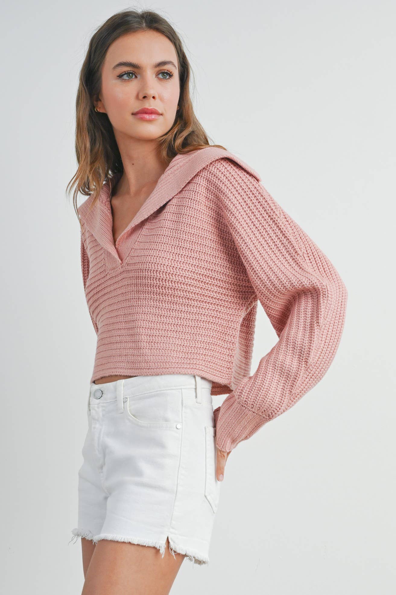 Drama Collar V-Neck Sweater (Mauve)